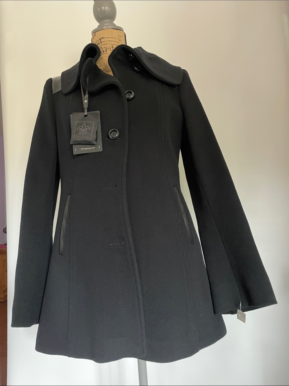 Mackage Black Wool Cashmere Trench Coat with Leather Trim NWT L